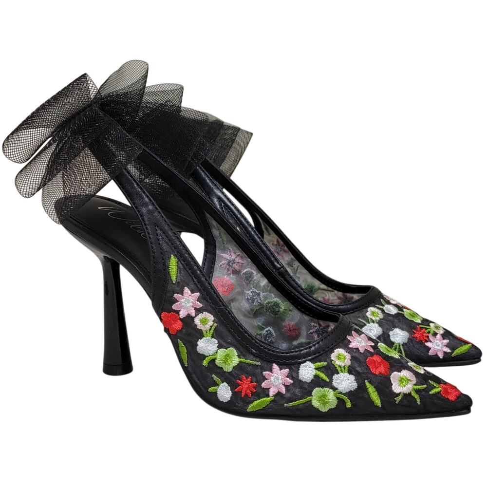 Wild Pair Women Embroidered Embellished Slingback Heels Size US 7M Black Floral